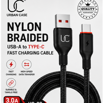 UC Urban Case UC-08 Nylon Braided USB-A to USB Type-C Fast Charging Cable | High-Speed Data Sync | Durable Braided Charging Cable | Black