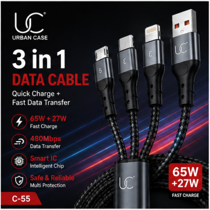 UC Urban Case C-55 3-in-1 Fast Charging Data Cable | USB-A to USB Type-C, Lightning & Micro USB | 65W + 27W Fast Charging | Nylon Braided | Black