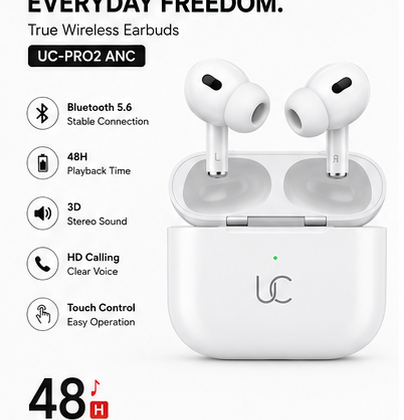 UC Urban Case UC-PRO2 ANC True Wireless Earbuds | Bluetooth 5.6 | Active Noise Cancellation | 48 Hours Playback | USB Type-C Fast Charging | HD Calling | White