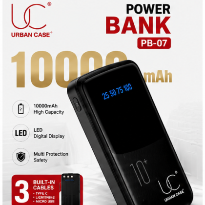 UC Urban Case PB-07 10000mAh Power Bank | LED Digital Display | Built-in USB Type-C, Lightning & Micro USB Cables | Dual USB Output | Portable Fast Charging | Black