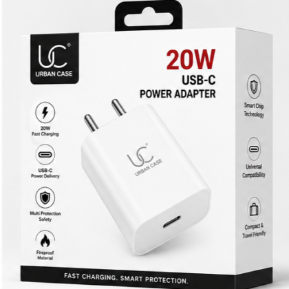 UC Urban Case 20W USB-C Power Adapter | USB-C PD Fast Charger | Compact Wall Charger for iPhone, Android & More | White
