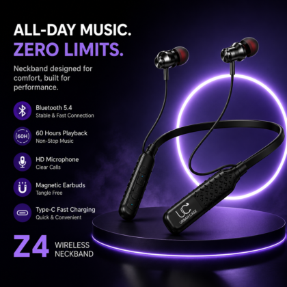UC Urban Case Z4 Wireless Bluetooth Neckband | Bluetooth 5.4 | 60H Music Playback | 70H Talk Time | USB Type-C Fast Charging | Magnetic Earphones | Black