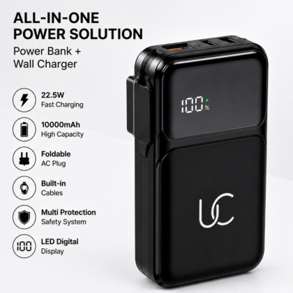 UC Urban Case PB-08 Foldable Plug-in Power Bank 10000mAh | 22.5W Fast Charging | Built-in AC Plug | USB-C & Lightning Cable | PD 20W